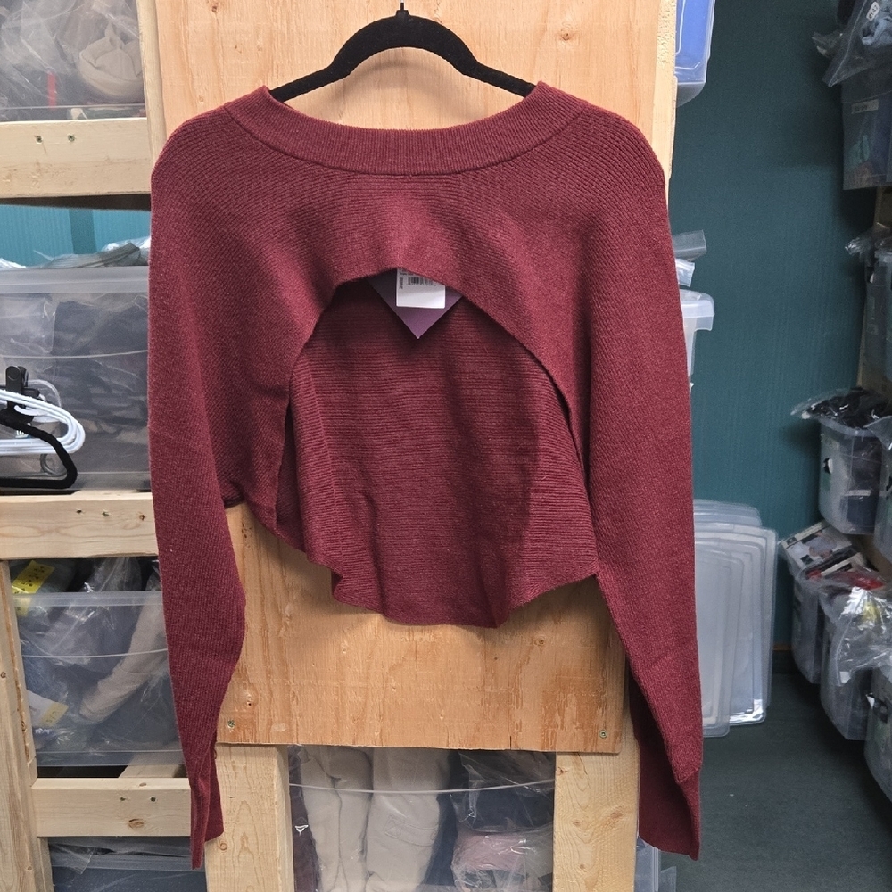 Ava & Viv Size 2X Burgundy Cropped Open Front Long Sleeved Sweater